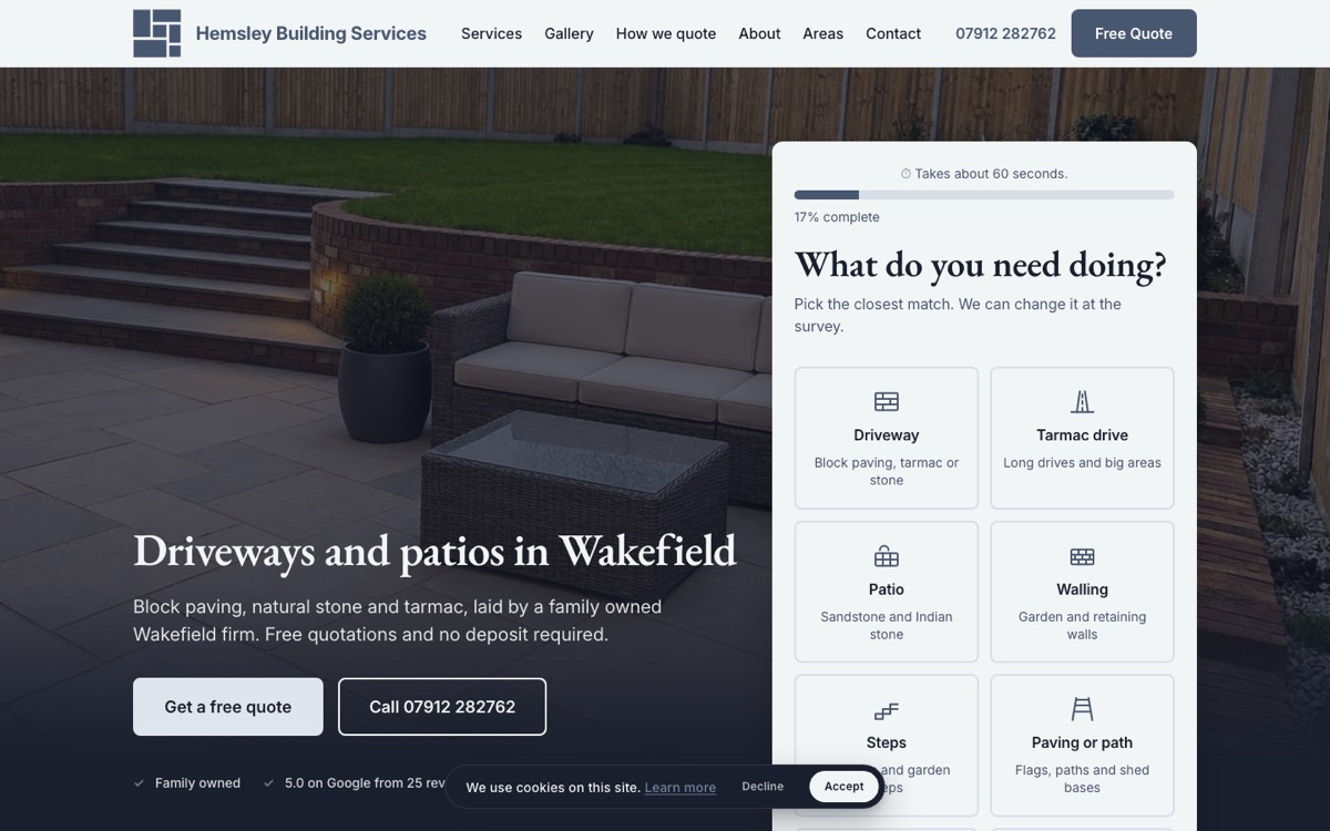 The Hemsley Building Services homepage, a Wakefield driveway and patio firm, on a desktop screen