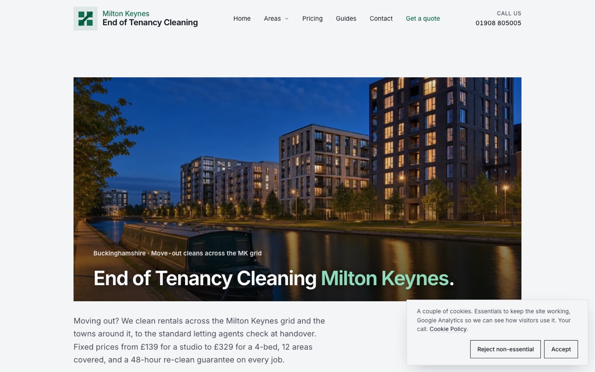 The Milton Keynes end of tenancy cleaning site homepage