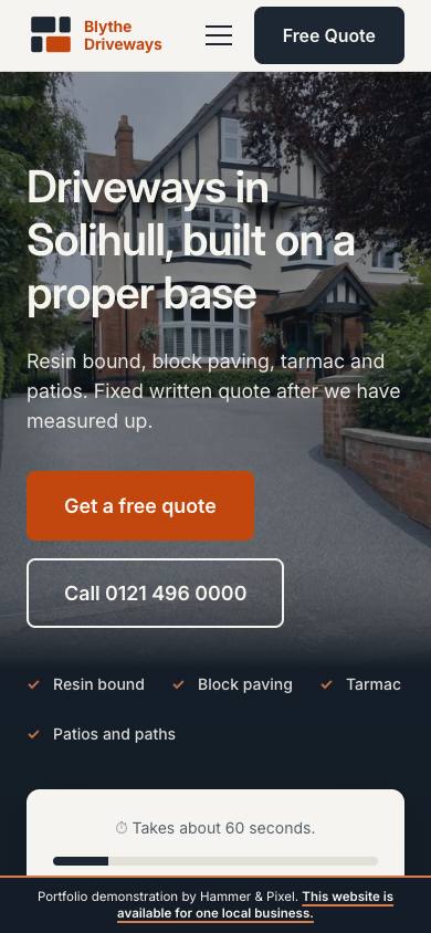 The Blythe Driveways homepage on a phone screen