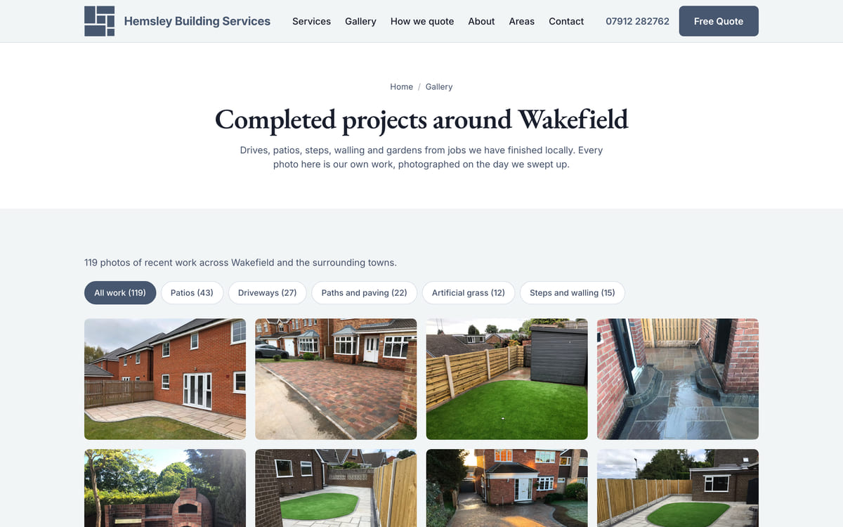 The gallery on the Hemsley Building Services site, a grid of finished projects around Wakefield.