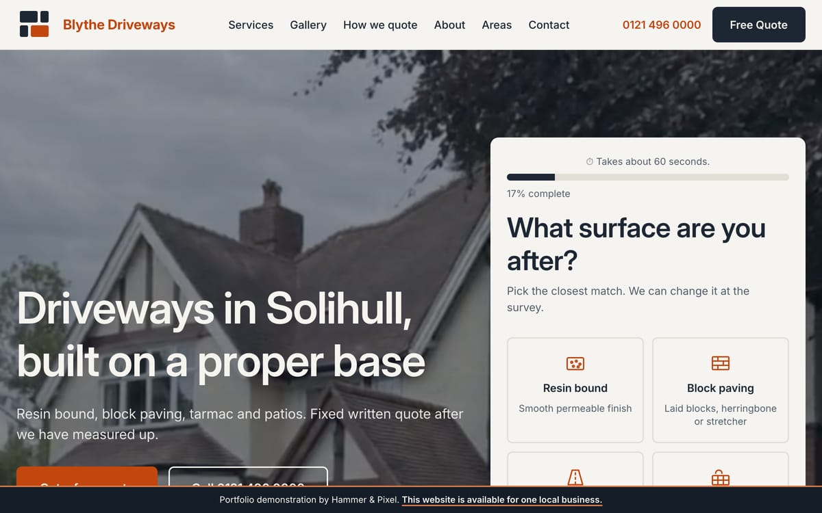 The Blythe Driveways demo site we built, showing the Solihull home page and the quote tool.