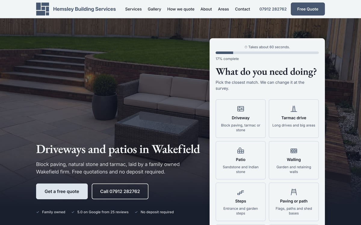 The Hemsley Building Services site we built for Wakefield, at desktop width, showing the hero and the quote tool.