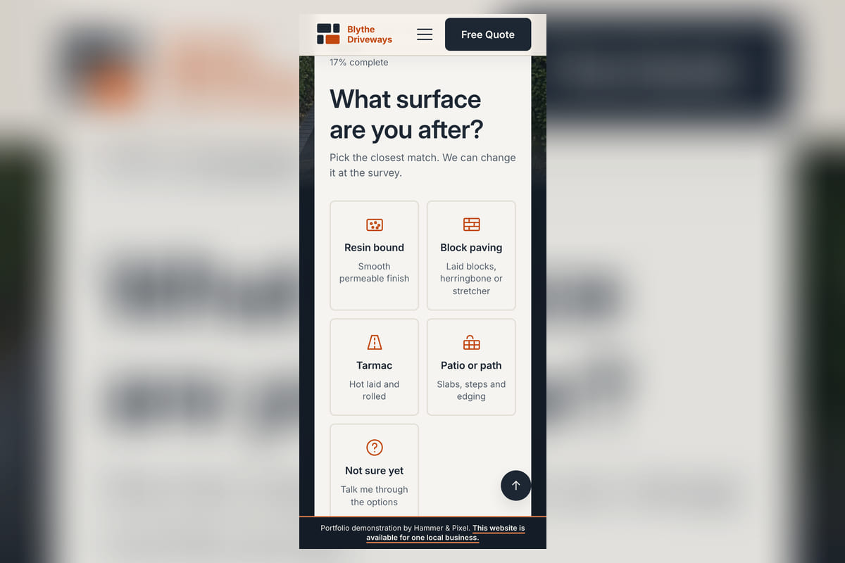The Blythe Driveways site we built for Solihull, on a phone, with the quote tool open on its first question.