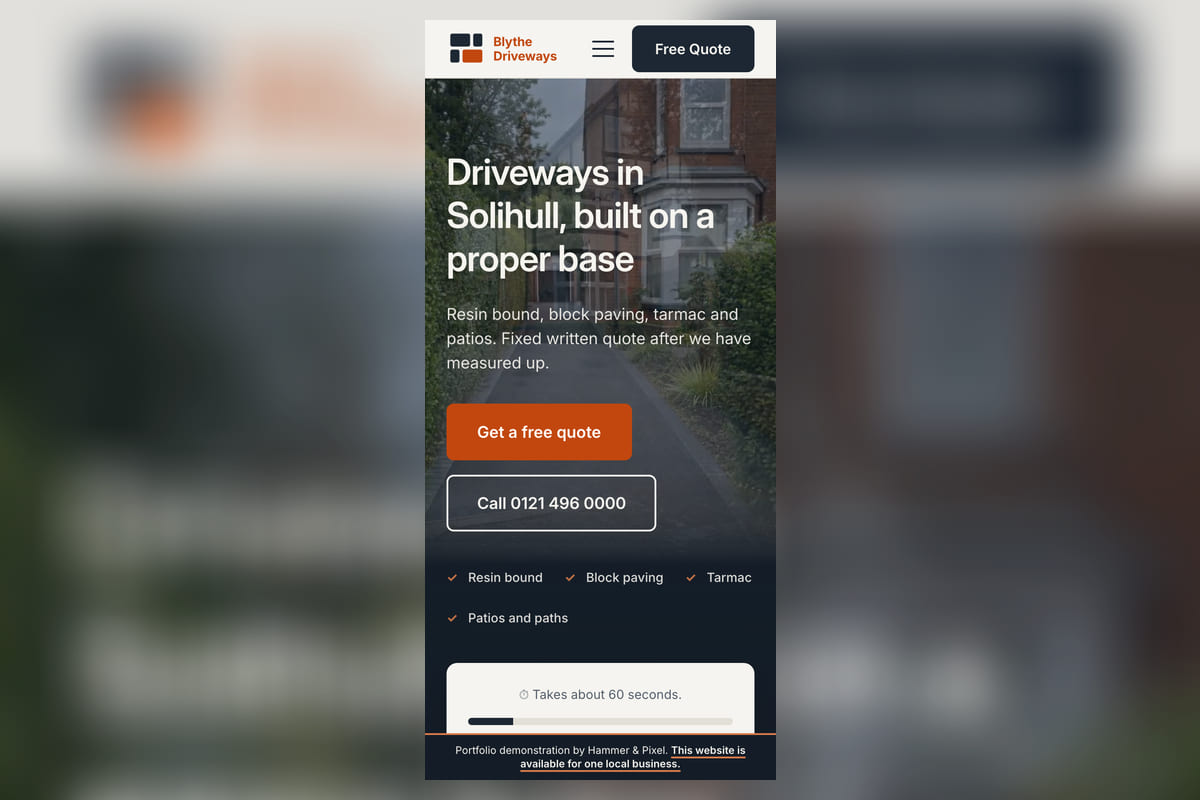 The Blythe Driveways site we built for Solihull, on a phone, showing the hero and the call button.