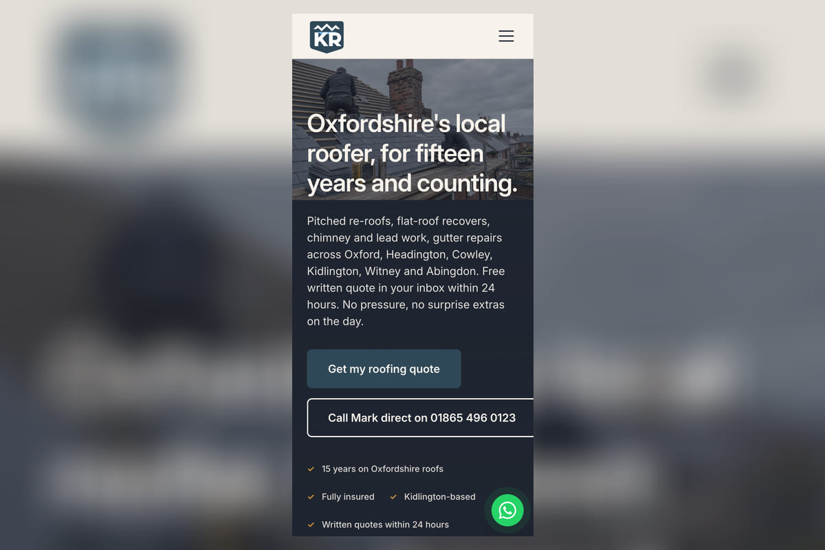 The Kidlington Roofing site we built, on a phone, showing the hero, the quote button and the number to call.