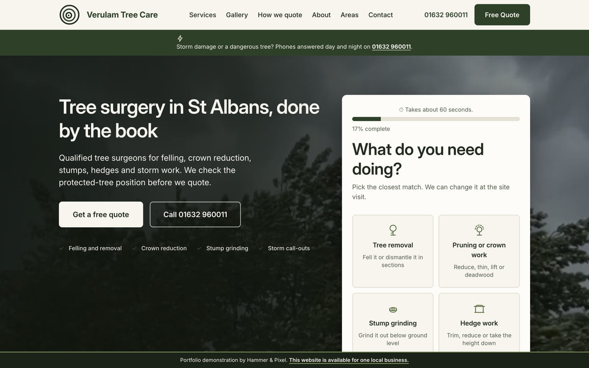 The Verulam Tree Care site we built for St Albans, at desktop width, showing the hero and the tree surgery quote tool.