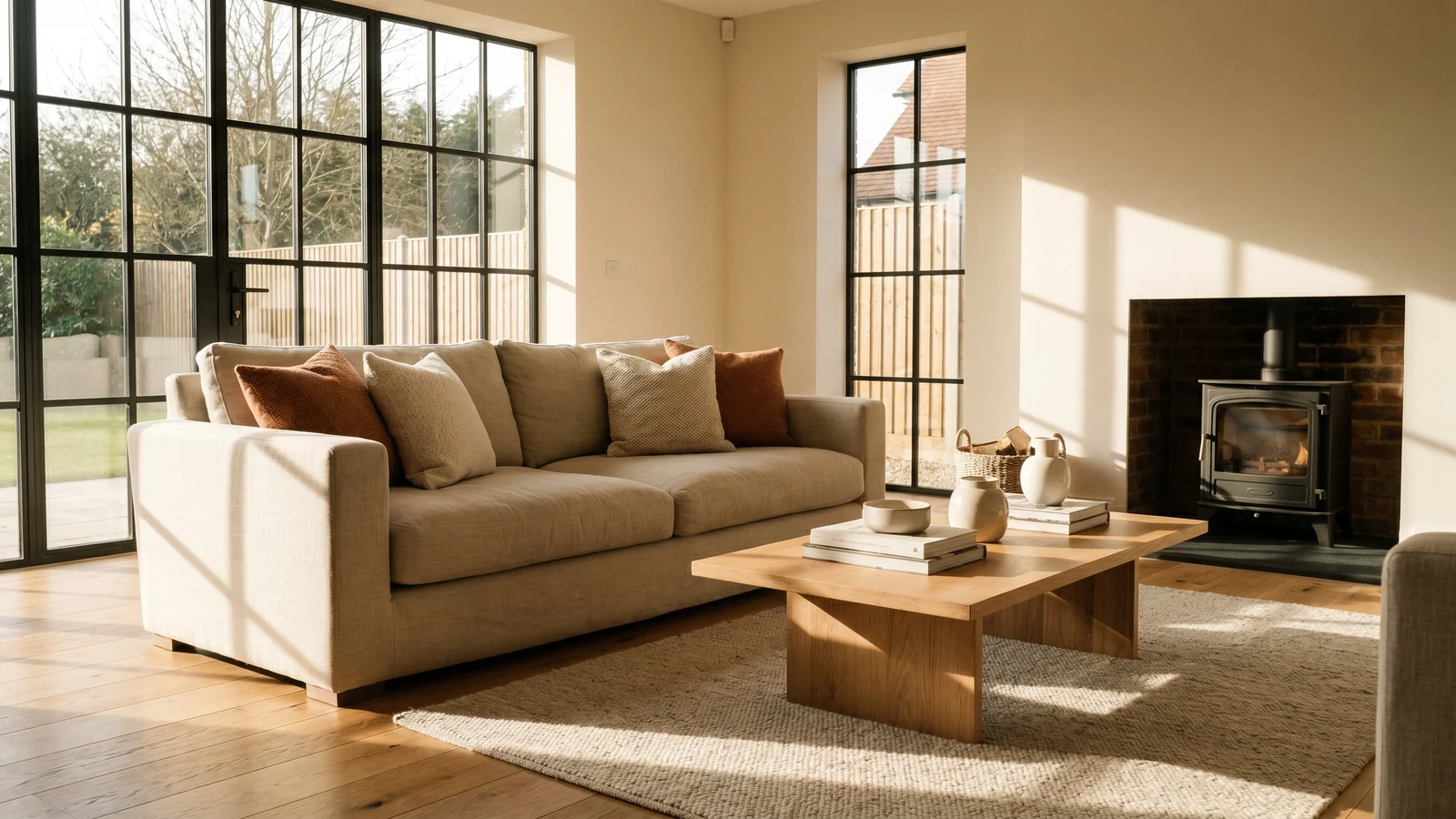 A pristine, sunlit living room left immaculate after a professional clean