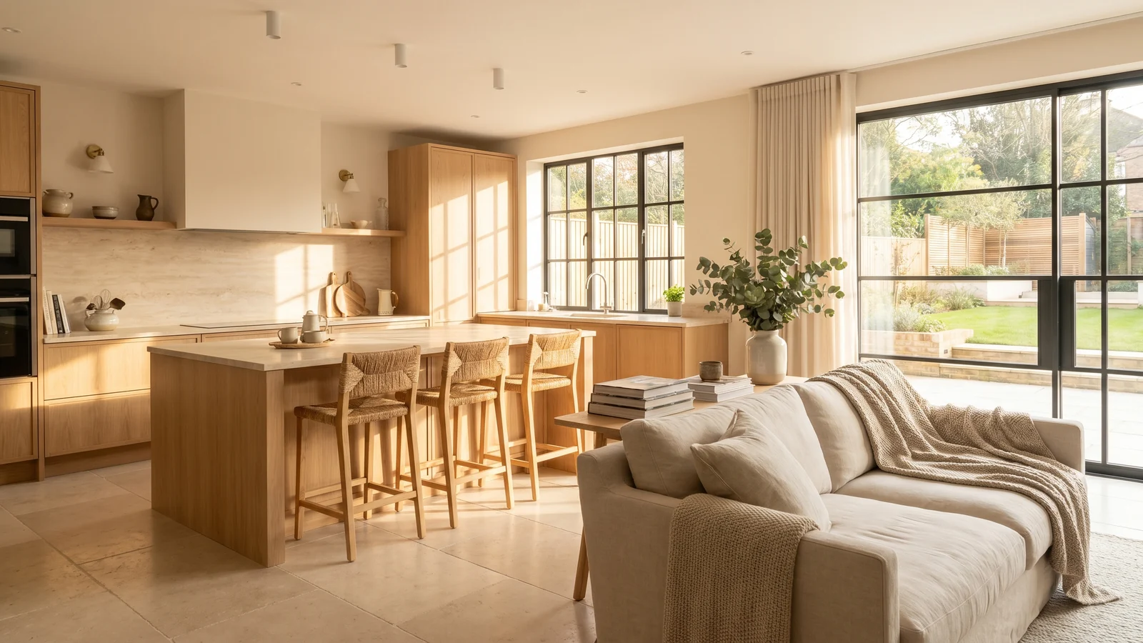 An open-plan kitchen and living space left immaculate after a professional clean