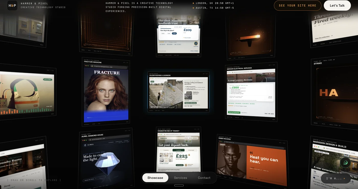 The Hammer and Pixel showroom, a wall of website concepts you can explore in 3D