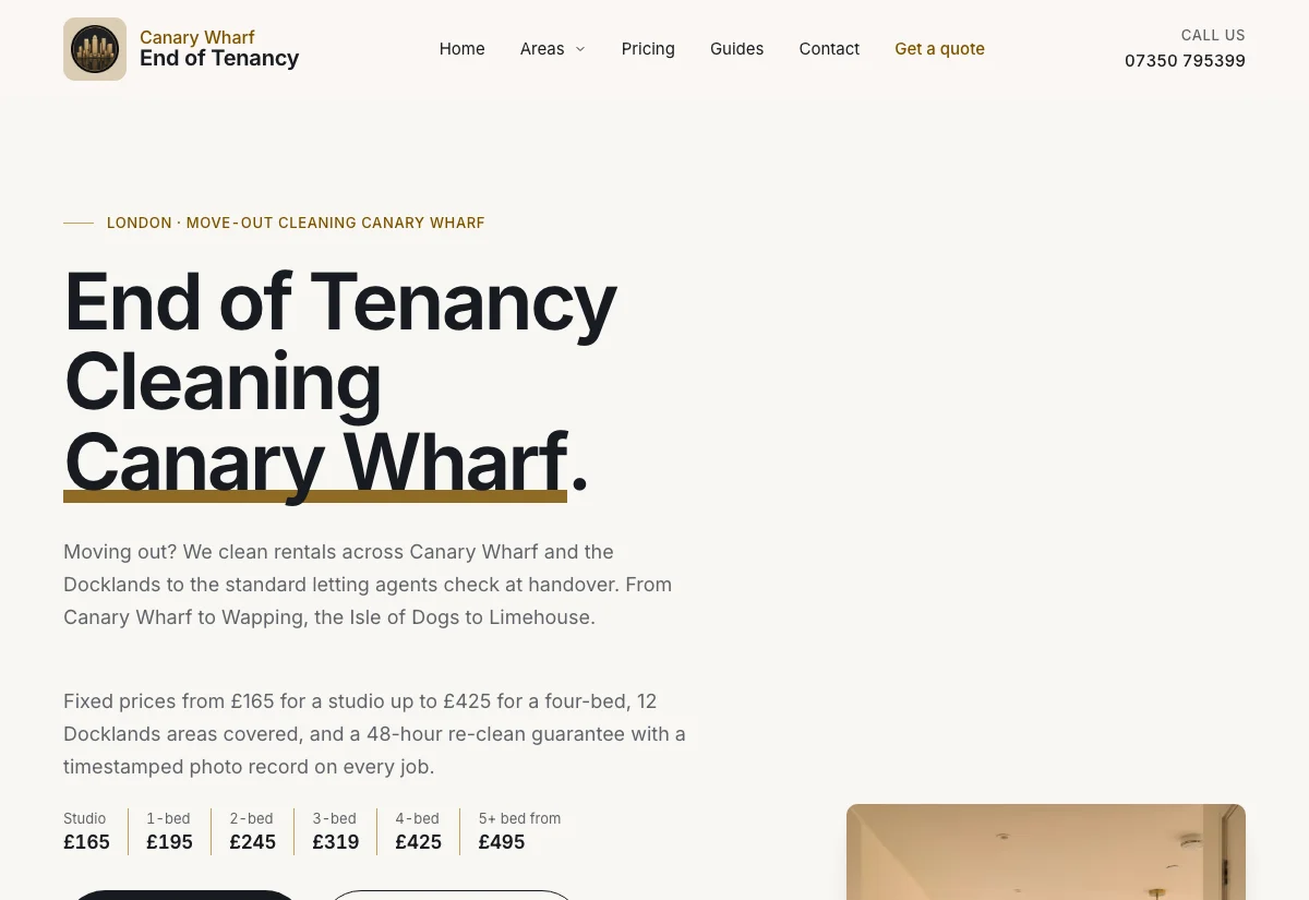 The Canary Wharf End of Tenancy Cleaning website we built and run
