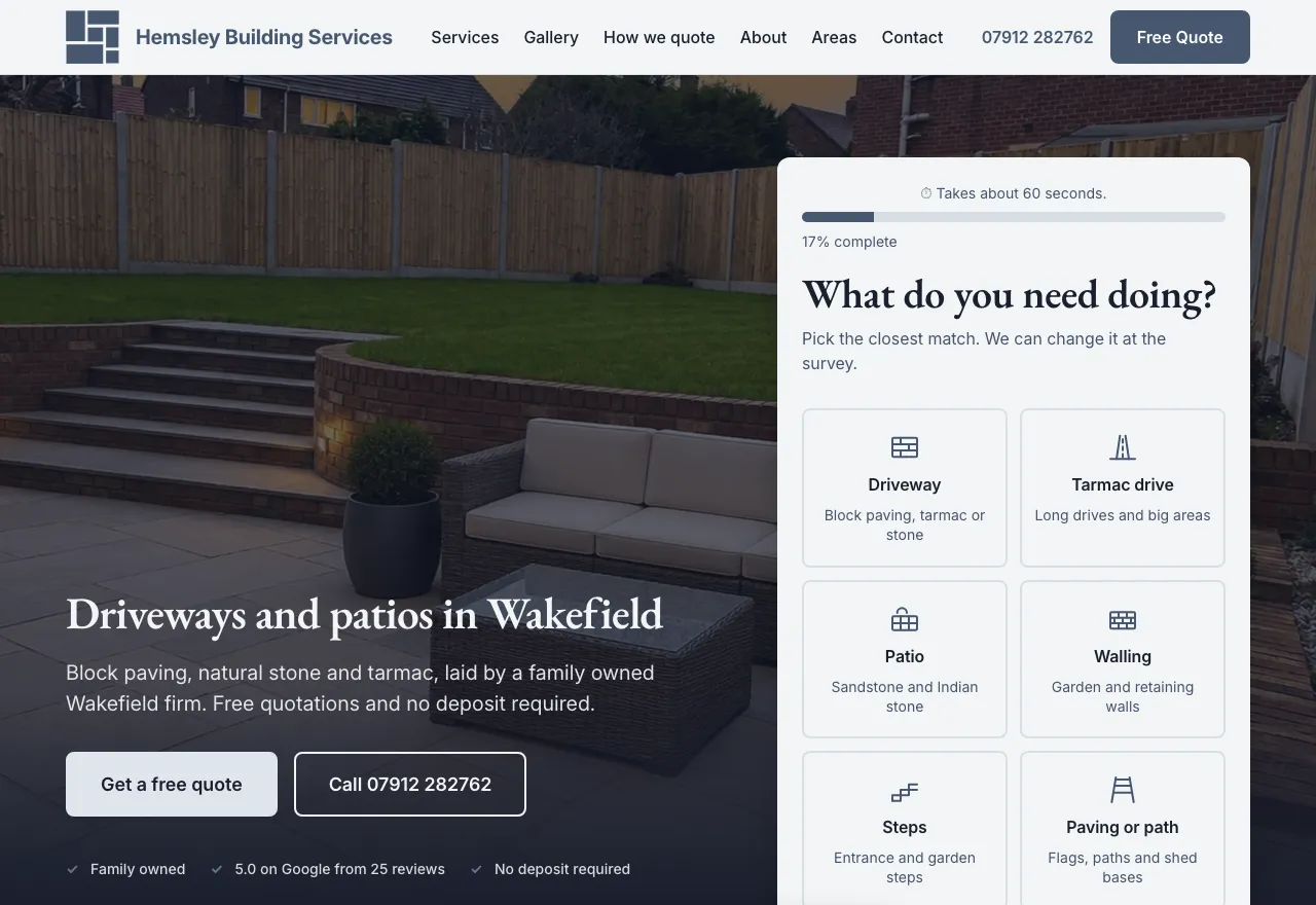The Hemsley Building Services website we built, live for a Wakefield driveway and patio firm