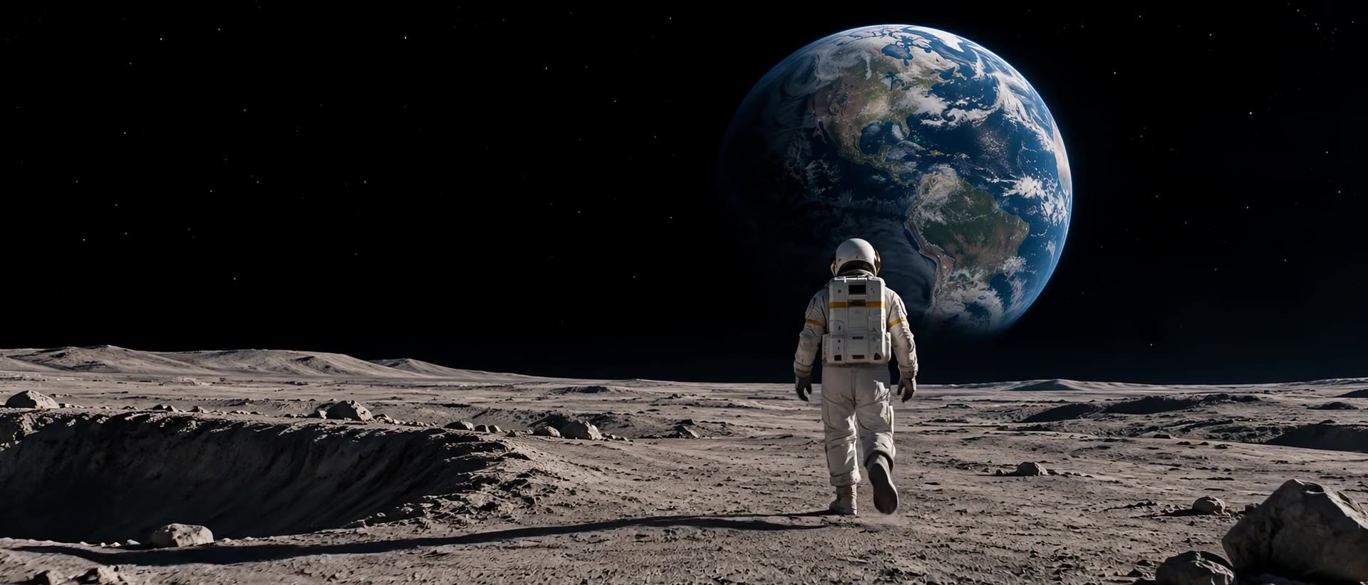 An astronaut walking across a dark plain towards the Earth on the horizon