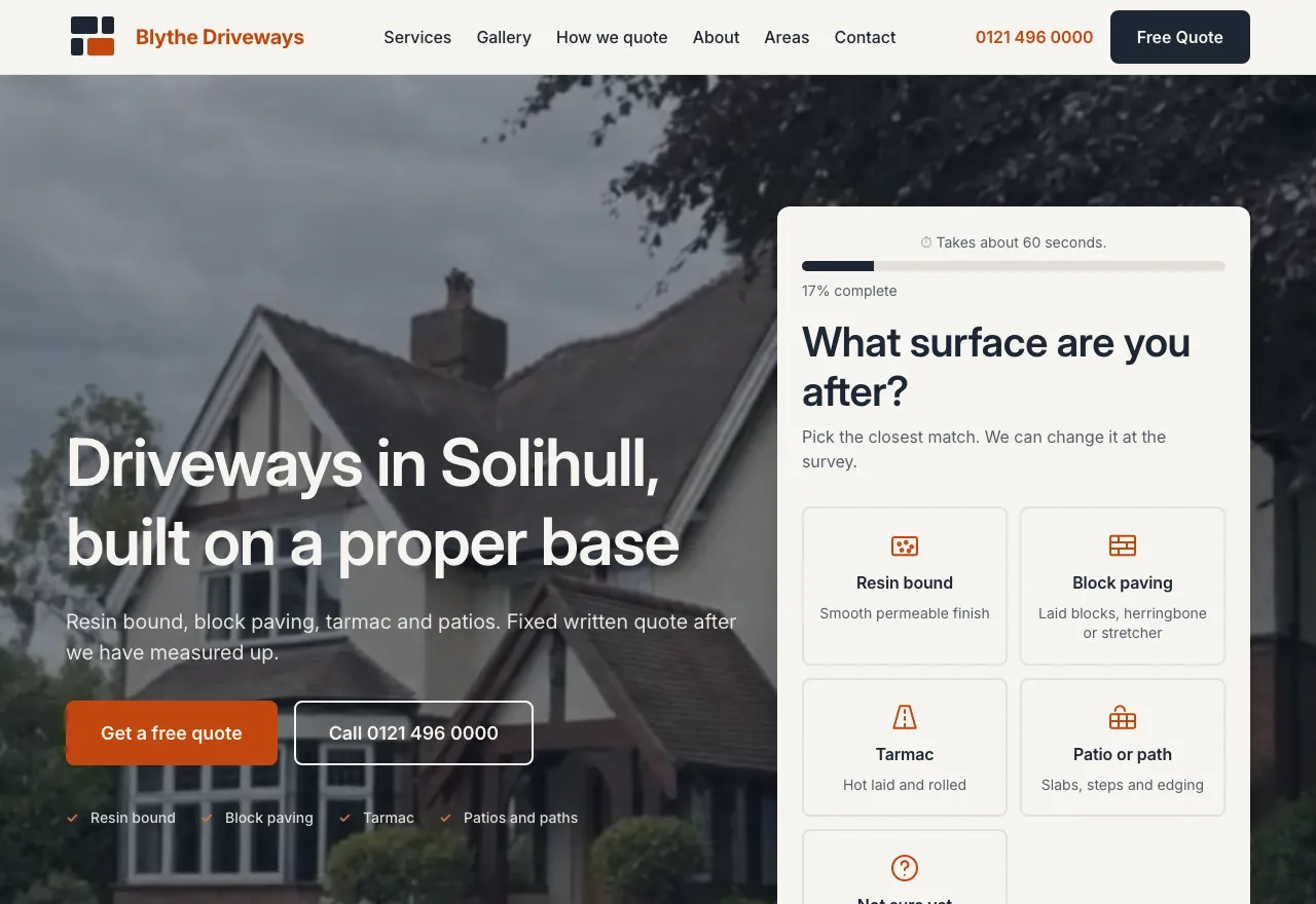 The driveways website we built for Solihull, its homepage with the instant quote tool