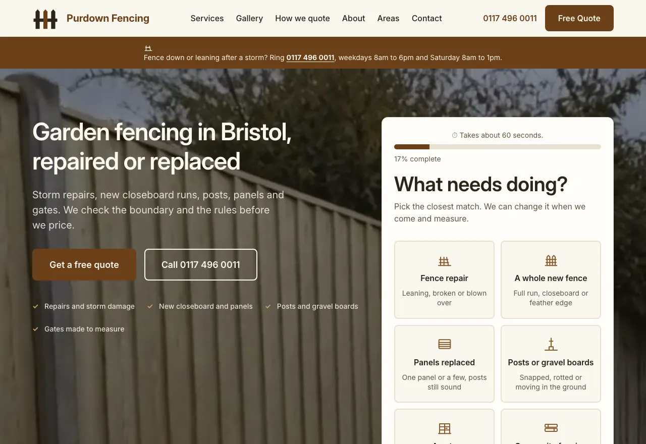 The fencing website we built for Bristol, its homepage with the quote tool