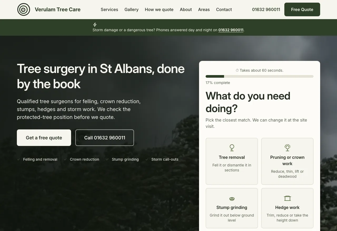The tree surgery website we built for St Albans, its homepage with the quote tool